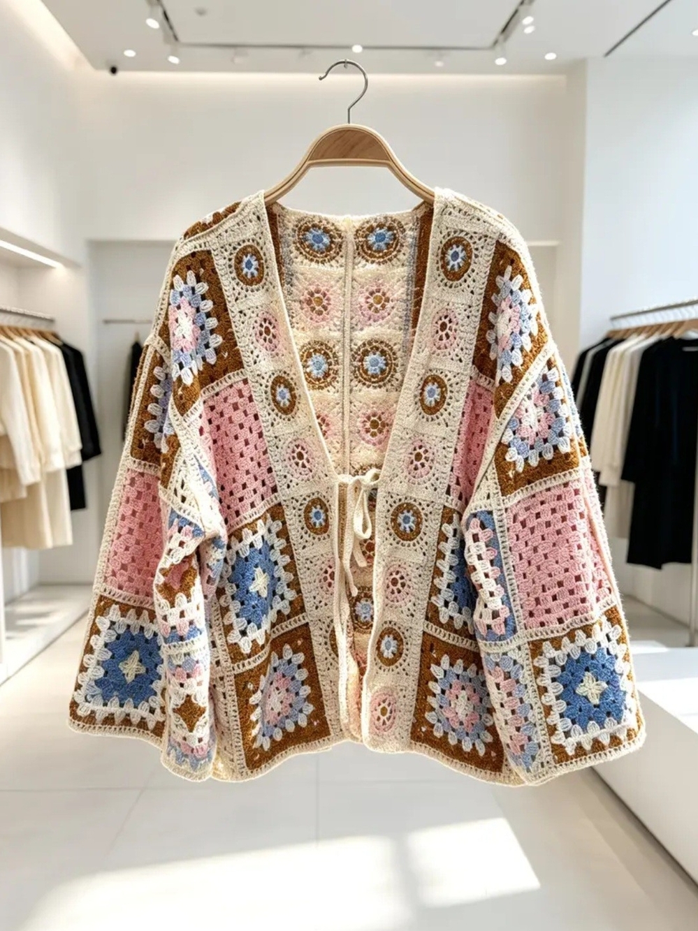 Crochet Patchwork Tie-Front Sweater Cardigan - Pink, Blue & Brown M/L